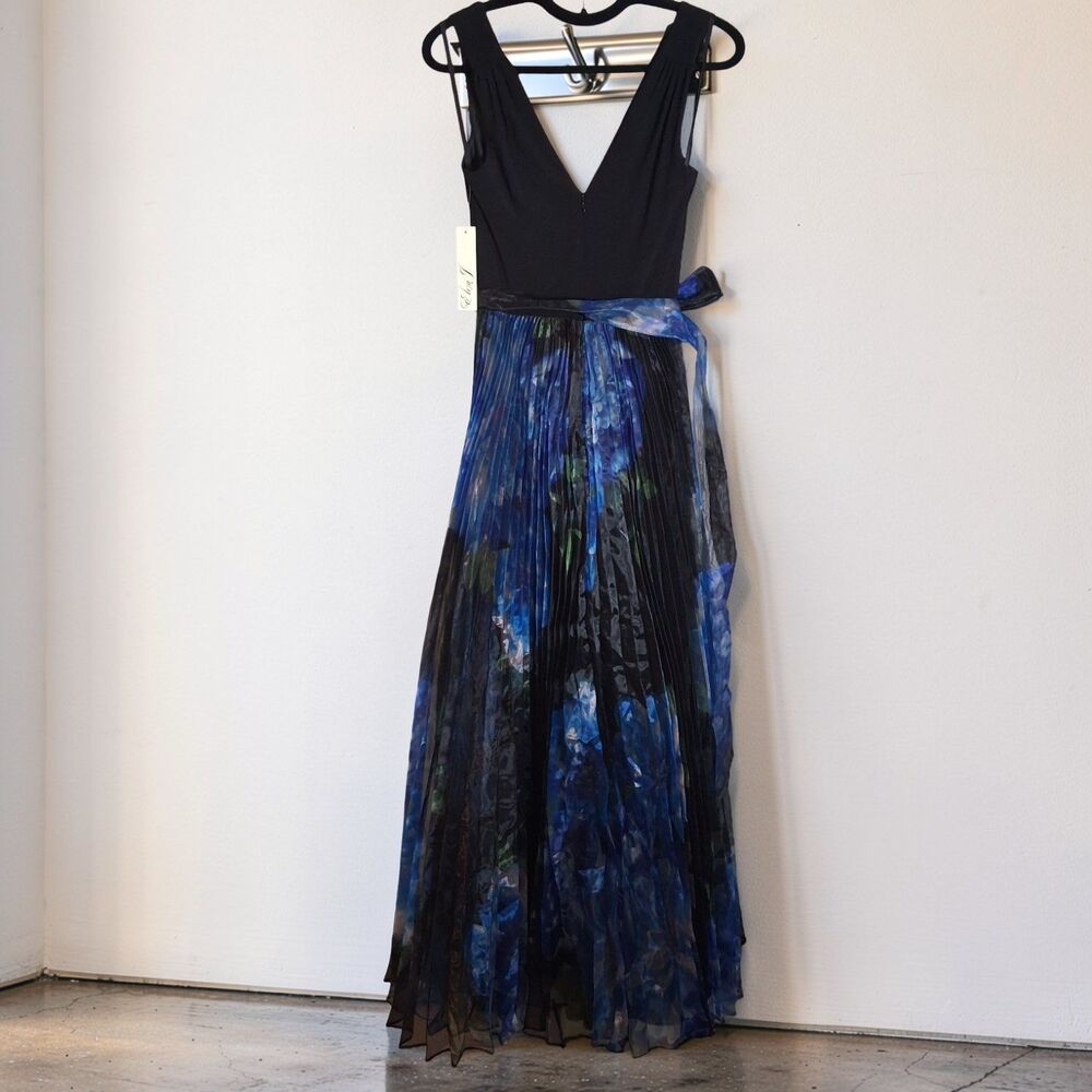Eliza J Pleated Floral Maxi Dress Womens Size 2 Black Blue Gown NWT $298